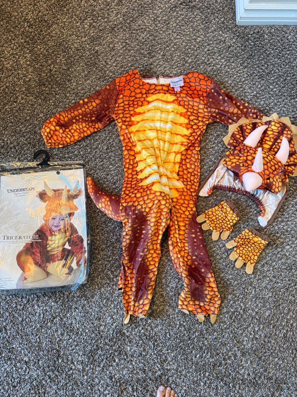 Kids Orange Triceratops Dinosaur Costume - 3-Piece Set